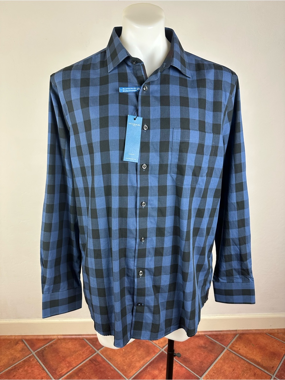 NWT Leo Chevalier Soft Blue and Black Checked Long-Sleeve Button-Down Shirt